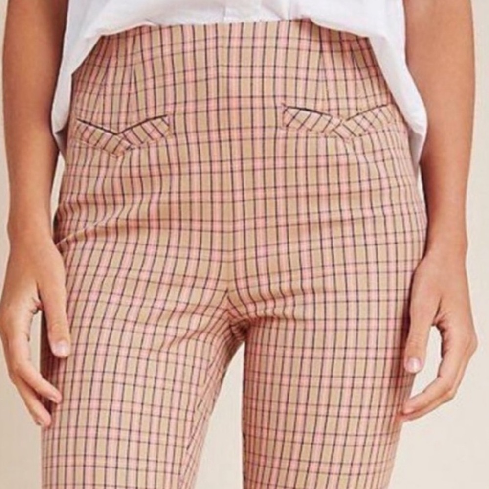 Anthropologie The Essential Slim‎ Plaid Cropped Pants Women's US 10 Pink Tan - Picture 5 of 13